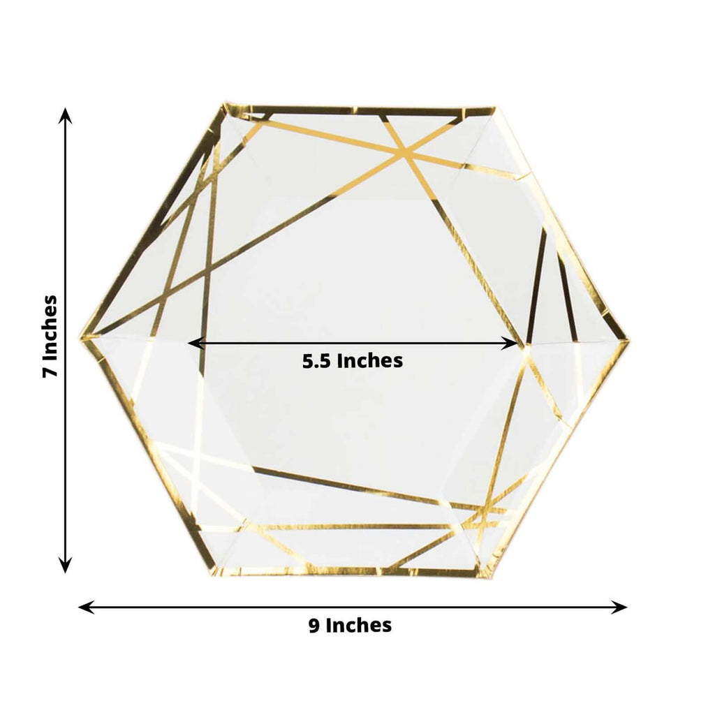 25 - Pack Paper 7" Hexagon Dessert Plates in White with Gold Geometric Lines & Rim - Stylish Disposable Geometric 300GSM Appetizer Salad Plates for Events & Banquets - Bell Racket Store