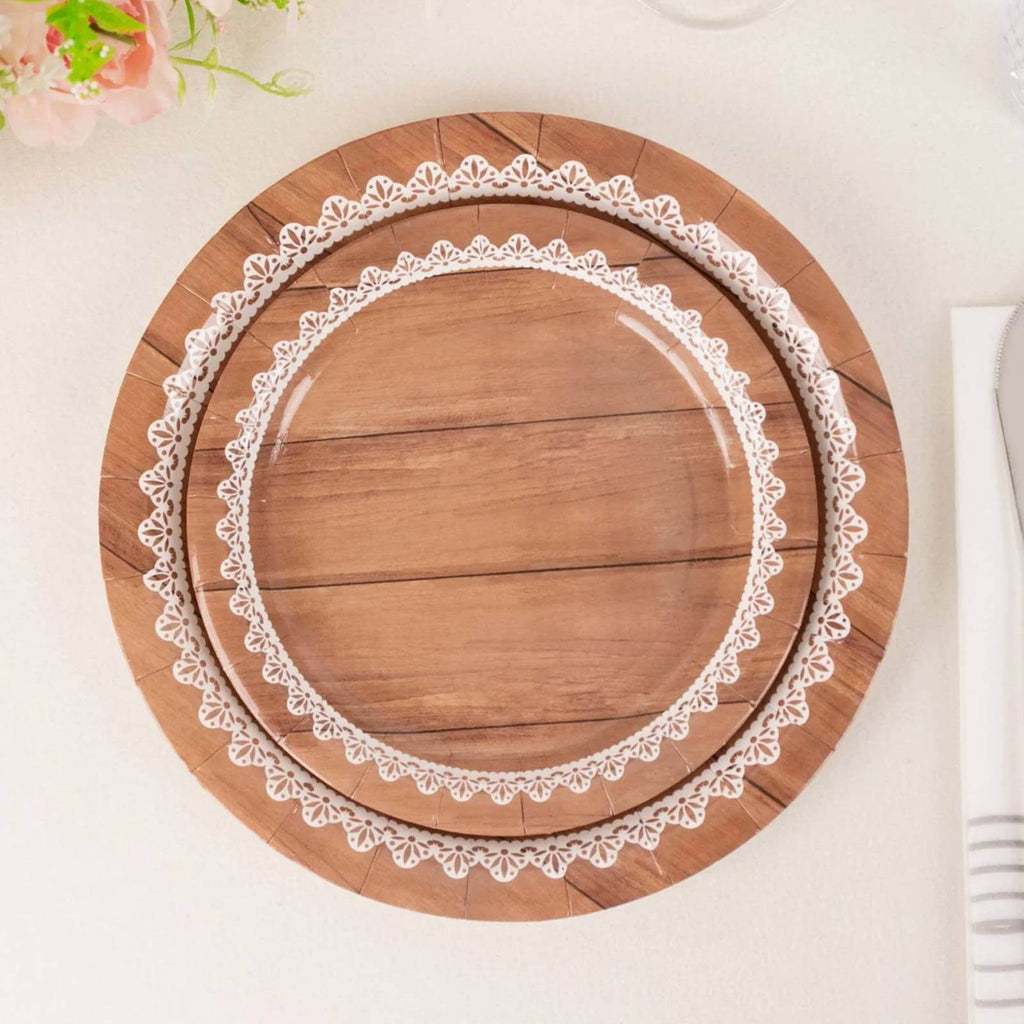 25 - Pack Paper 7" Round Dessert Plates in Brown Wood Grain Print with White Floral Lace Rim - Disposable Appetizer Salad Plates for Rustic Farmhouse Style Events - Bell Racket Store