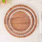25 - Pack Paper 7" Round Dessert Plates in Brown Wood Grain Print with White Floral Lace Rim - Disposable Appetizer Salad Plates for Rustic Farmhouse Style Events - Bell Racket Store
