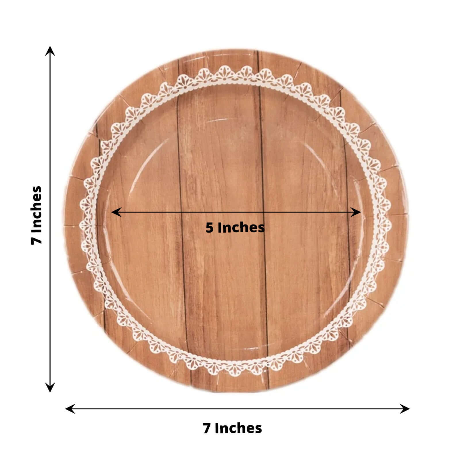 25 - Pack Paper 7" Round Dessert Plates in Brown Wood Grain Print with White Floral Lace Rim - Disposable Appetizer Salad Plates for Rustic Farmhouse Style Events - Bell Racket Store