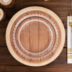 25 - Pack Paper 7" Round Dessert Plates in Brown Wood Grain Print with White Floral Lace Rim - Disposable Appetizer Salad Plates for Rustic Farmhouse Style Events - Bell Racket Store