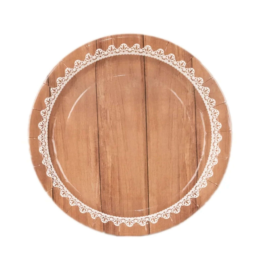 25 - Pack Paper 7" Round Dessert Plates in Brown Wood Grain Print with White Floral Lace Rim - Disposable Appetizer Salad Plates for Rustic Farmhouse Style Events - Bell Racket Store