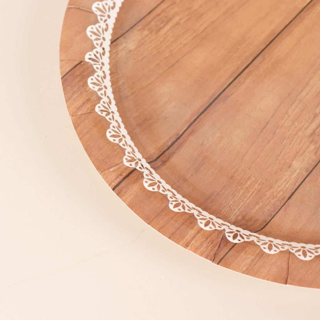 25 - Pack Paper 7" Round Dessert Plates in Brown Wood Grain Print with White Floral Lace Rim - Disposable Appetizer Salad Plates for Rustic Farmhouse Style Events - Bell Racket Store