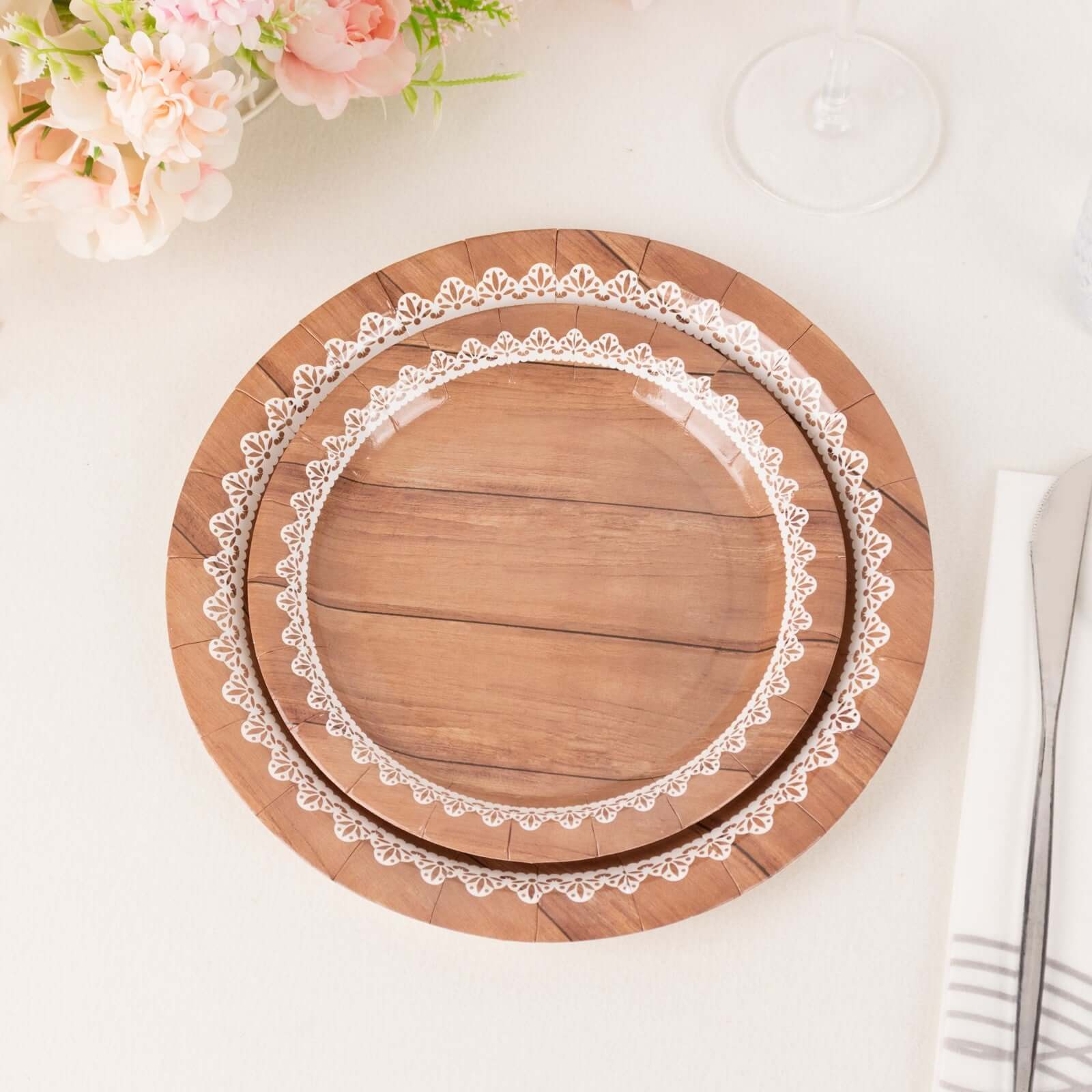 25 - Pack Paper 7" Round Dessert Plates in Brown Wood Grain Print with White Floral Lace Rim - Disposable Appetizer Salad Plates for Rustic Farmhouse Style Events - Bell Racket Store