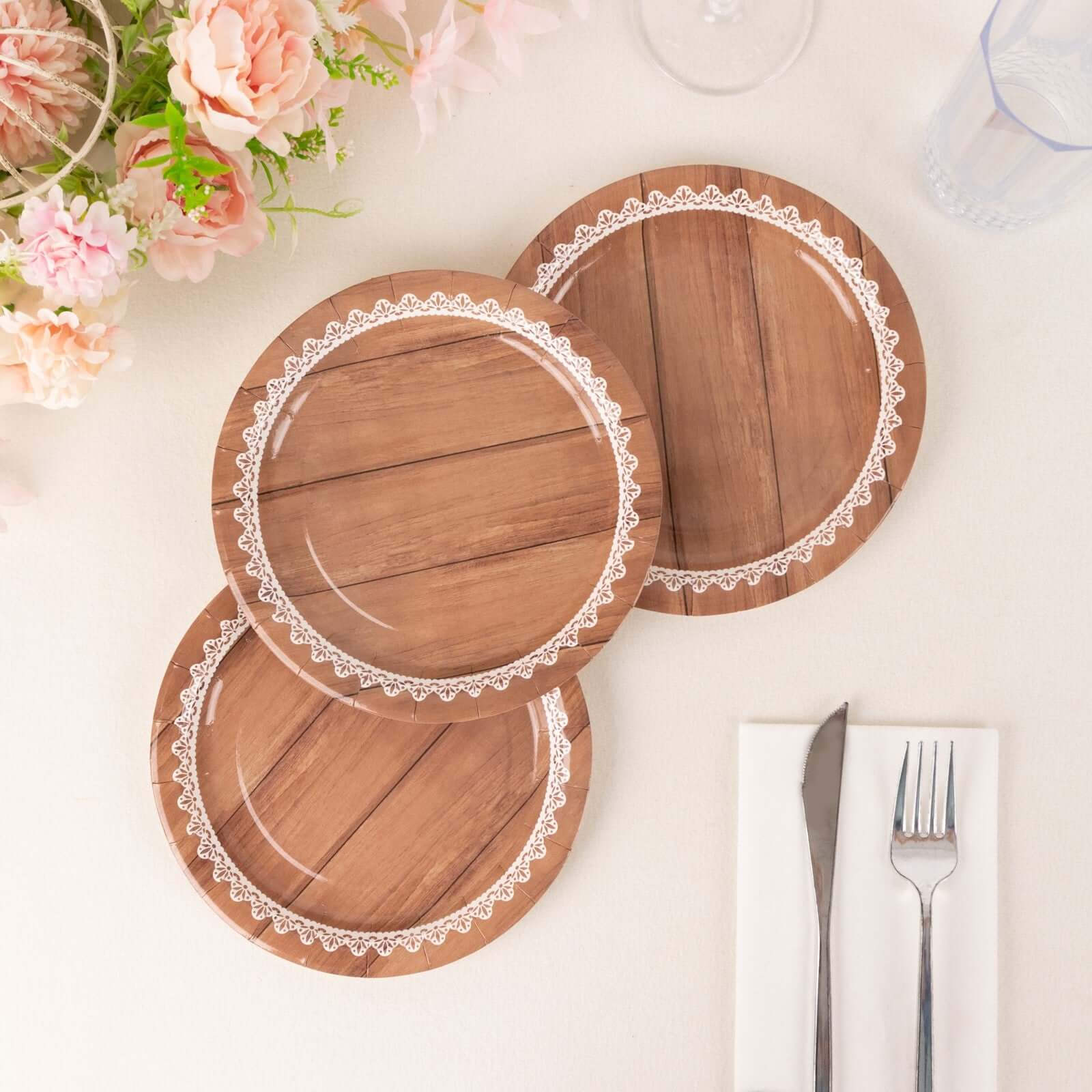 25 - Pack Paper 7" Round Dessert Plates in Brown Wood Grain Print with White Floral Lace Rim - Disposable Appetizer Salad Plates for Rustic Farmhouse Style Events - Bell Racket Store
