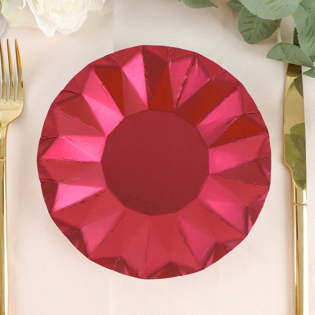25 - Pack Paper 7" Round Dessert Plates in Burgundy with Geometric Prism Rim - Disposable 400GSM Appetizer Salad Plates - Bell Racket Store