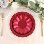25 - Pack Paper 7" Round Dessert Plates in Burgundy with Geometric Prism Rim - Disposable 400GSM Appetizer Salad Plates - Bell Racket Store