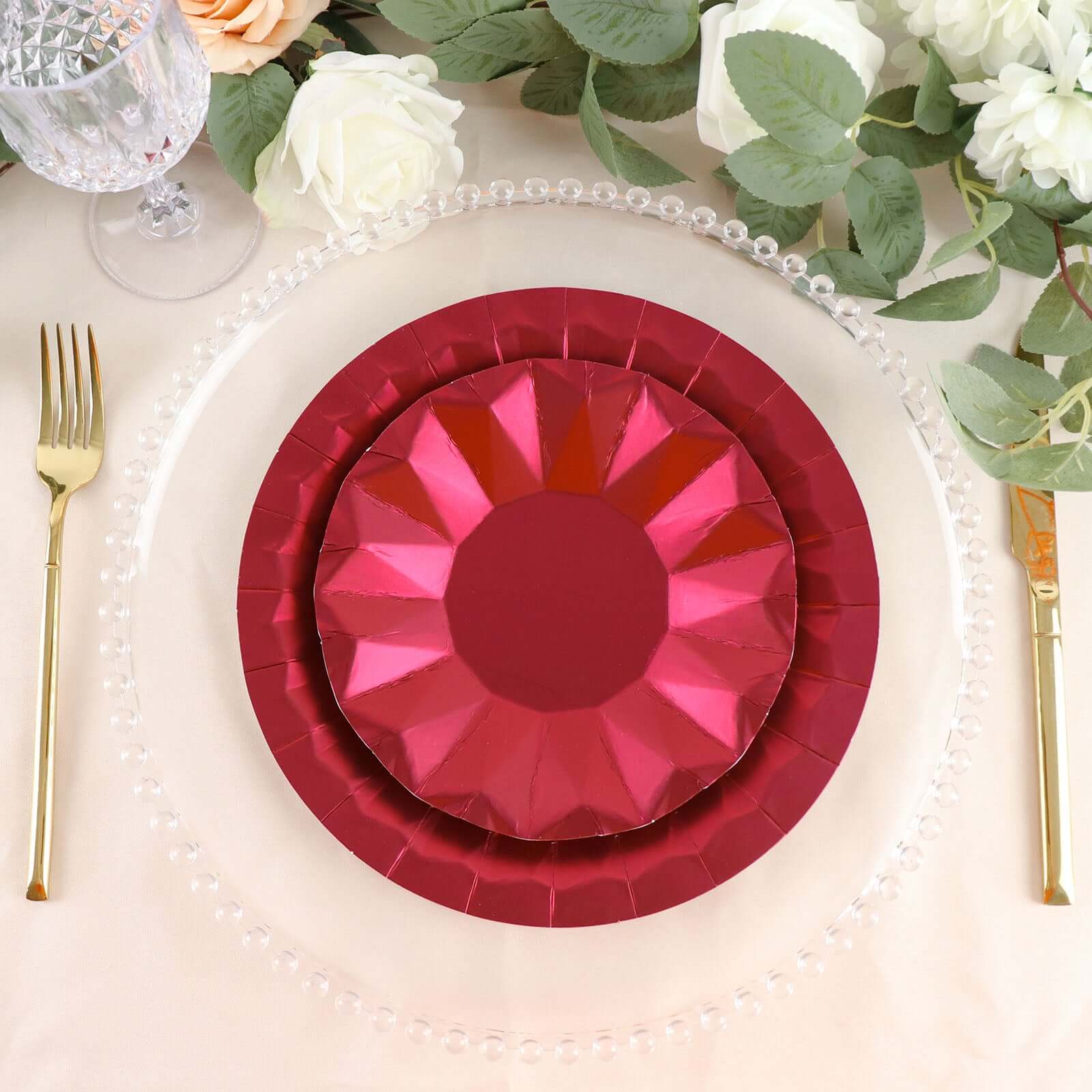 25 - Pack Paper 7" Round Dessert Plates in Burgundy with Geometric Prism Rim - Disposable 400GSM Appetizer Salad Plates - Bell Racket Store