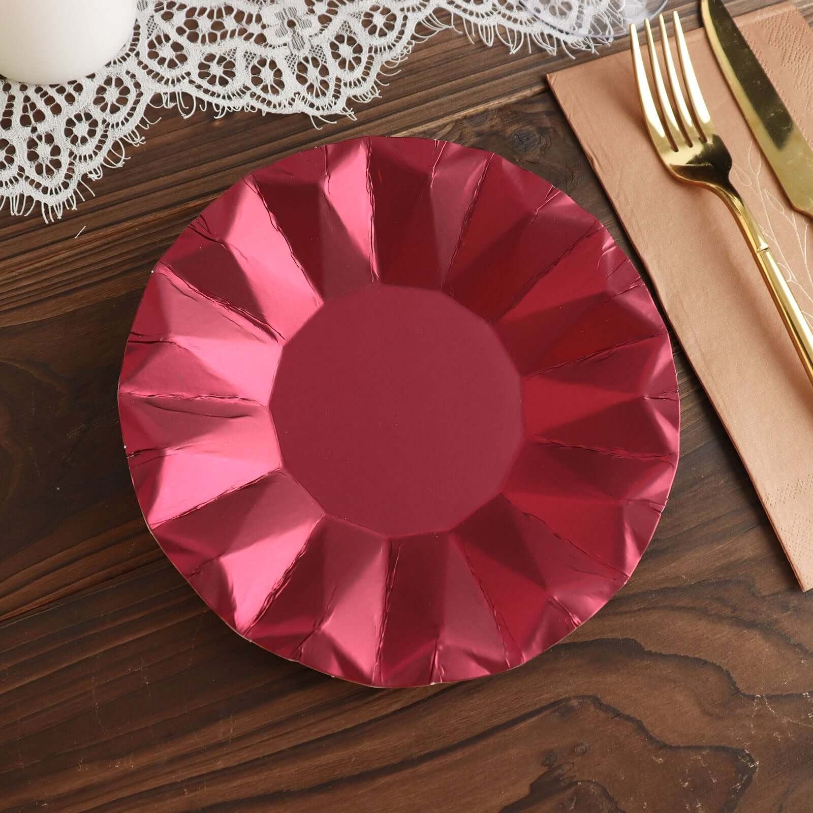 25 - Pack Paper 7" Round Dessert Plates in Burgundy with Geometric Prism Rim - Disposable 400GSM Appetizer Salad Plates - Bell Racket Store