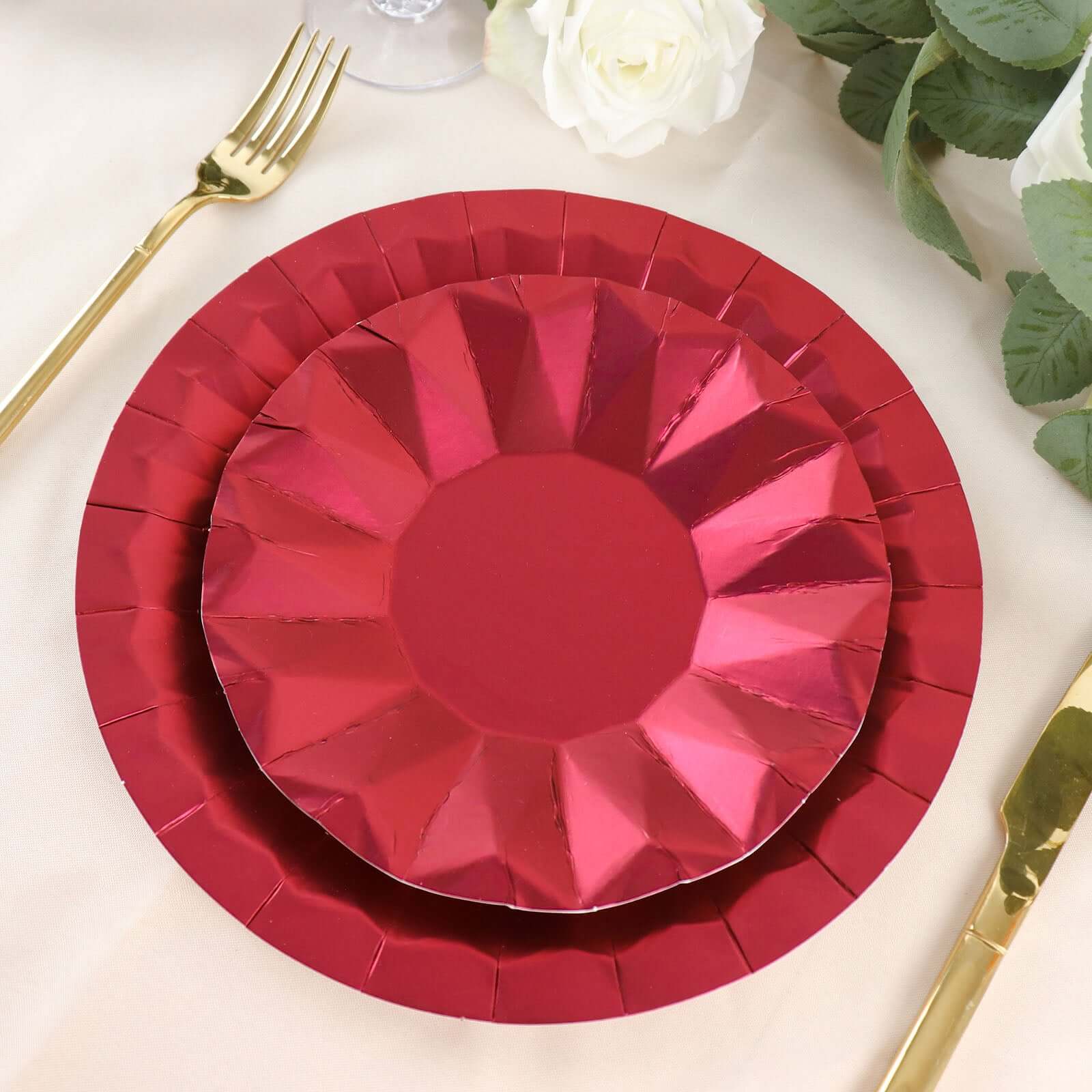 25 - Pack Paper 7" Round Dessert Plates in Burgundy with Geometric Prism Rim - Disposable 400GSM Appetizer Salad Plates - Bell Racket Store