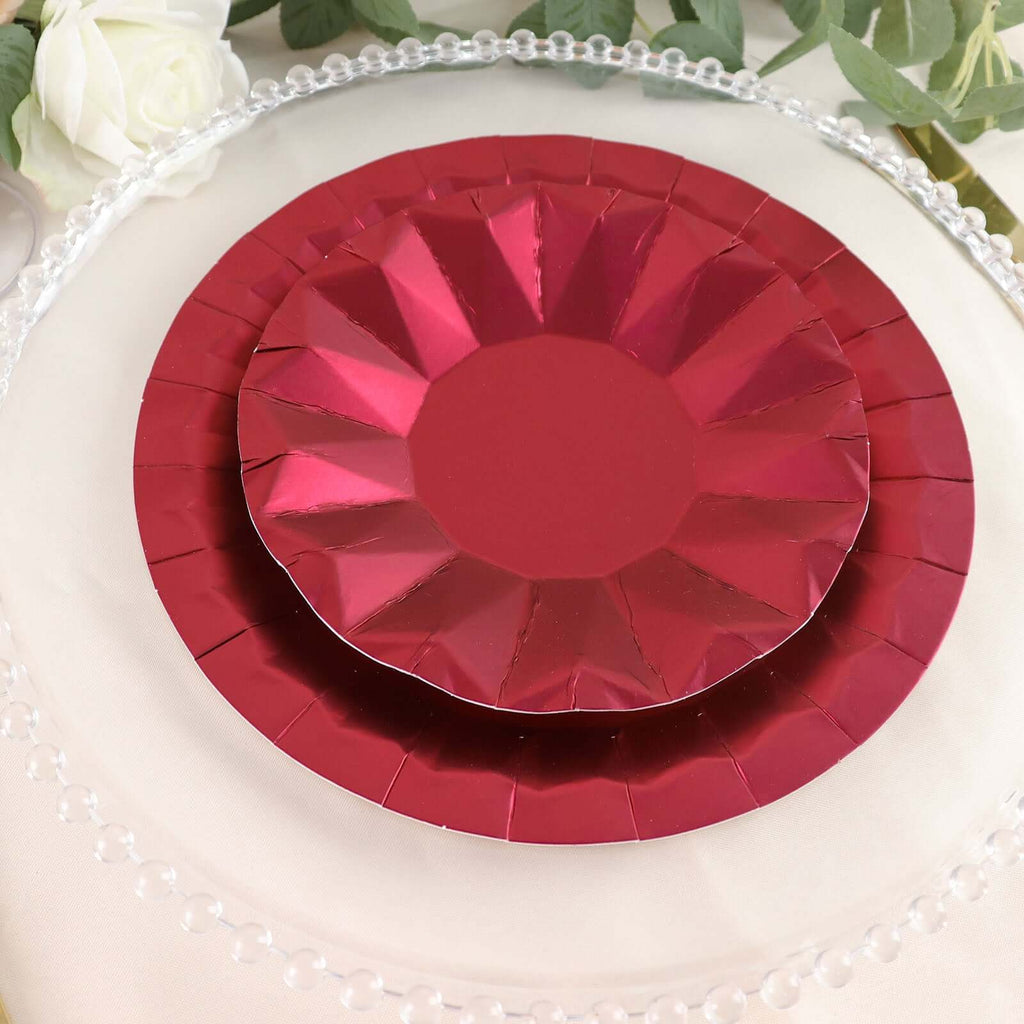 25 - Pack Paper 7" Round Dessert Plates in Burgundy with Geometric Prism Rim - Disposable 400GSM Appetizer Salad Plates - Bell Racket Store