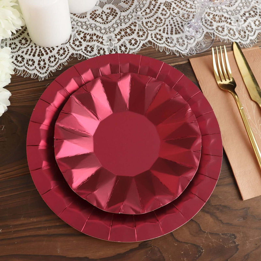 25 - Pack Paper 7" Round Dessert Plates in Burgundy with Geometric Prism Rim - Disposable 400GSM Appetizer Salad Plates - Bell Racket Store
