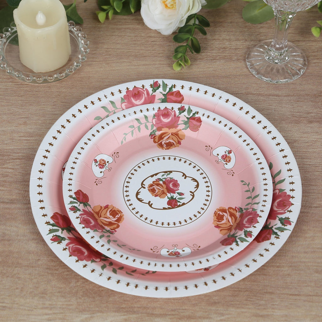 25 - Pack Paper 7" Round Dessert Plates in Dusty Rose with Vintage Rose Flower Print - Disposable Appetizer Salad Plates - Bell Racket Store