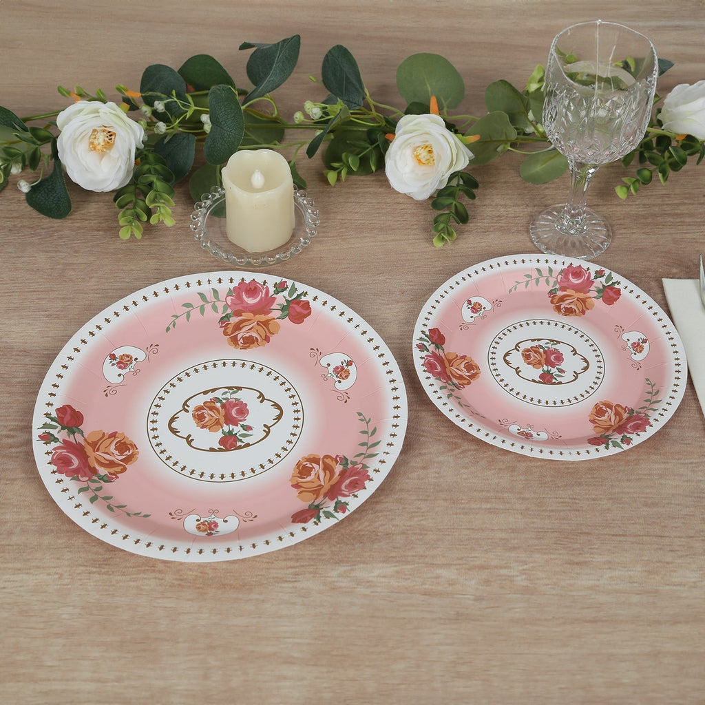 25 - Pack Paper 7" Round Dessert Plates in Dusty Rose with Vintage Rose Flower Print - Disposable Appetizer Salad Plates - Bell Racket Store