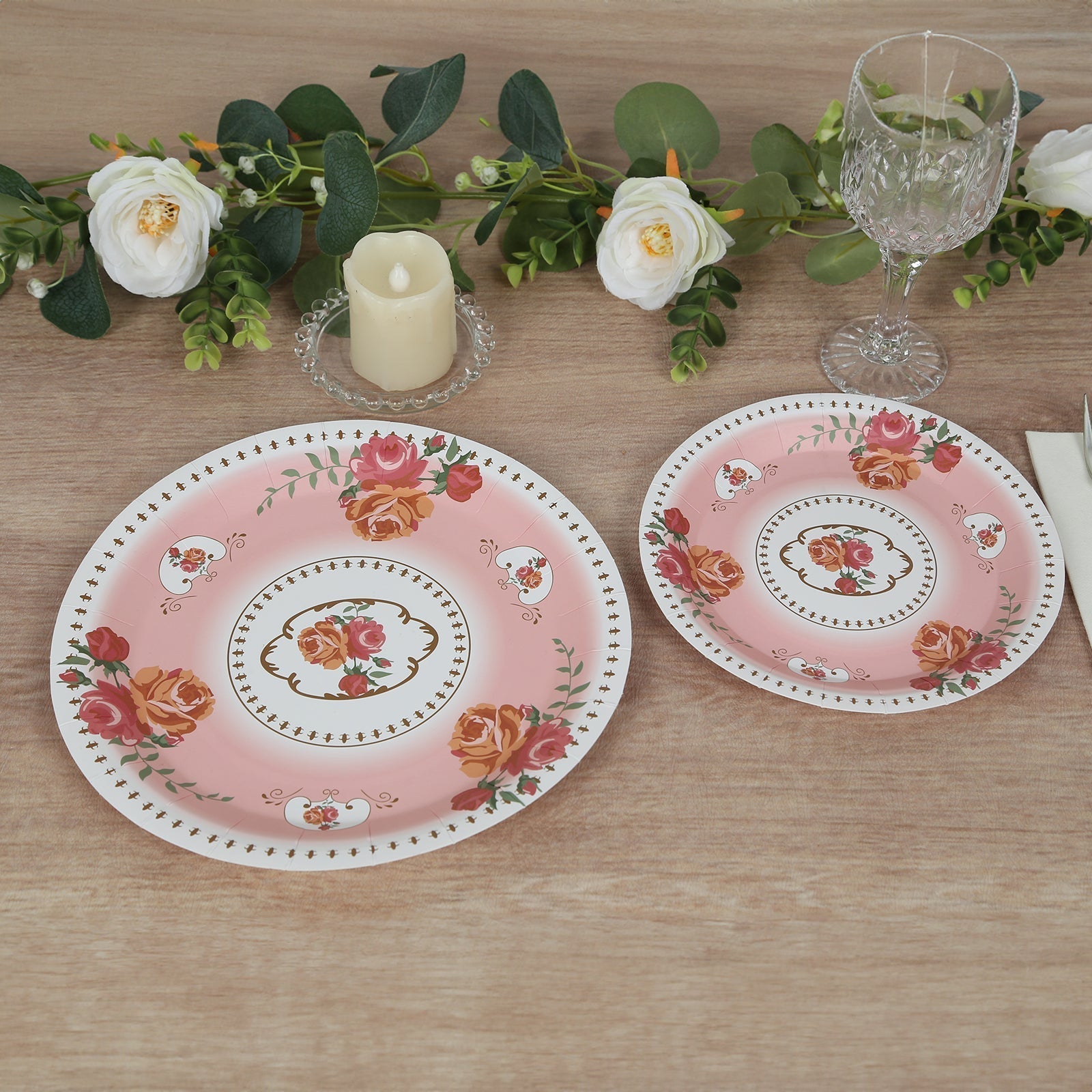 25 - Pack Paper 7" Round Dessert Plates in Dusty Rose with Vintage Rose Flower Print - Disposable Appetizer Salad Plates - Bell Racket Store