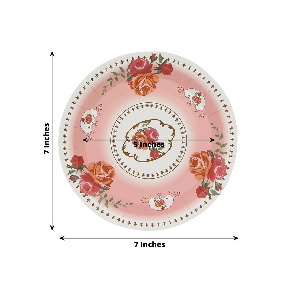 25 - Pack Paper 7" Round Dessert Plates in Dusty Rose with Vintage Rose Flower Print - Disposable Appetizer Salad Plates - Bell Racket Store