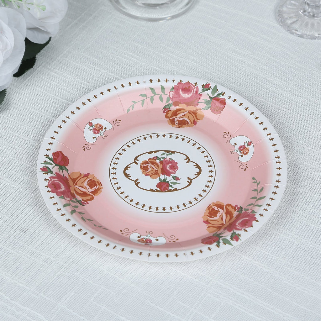 25 - Pack Paper 7" Round Dessert Plates in Dusty Rose with Vintage Rose Flower Print - Disposable Appetizer Salad Plates - Bell Racket Store
