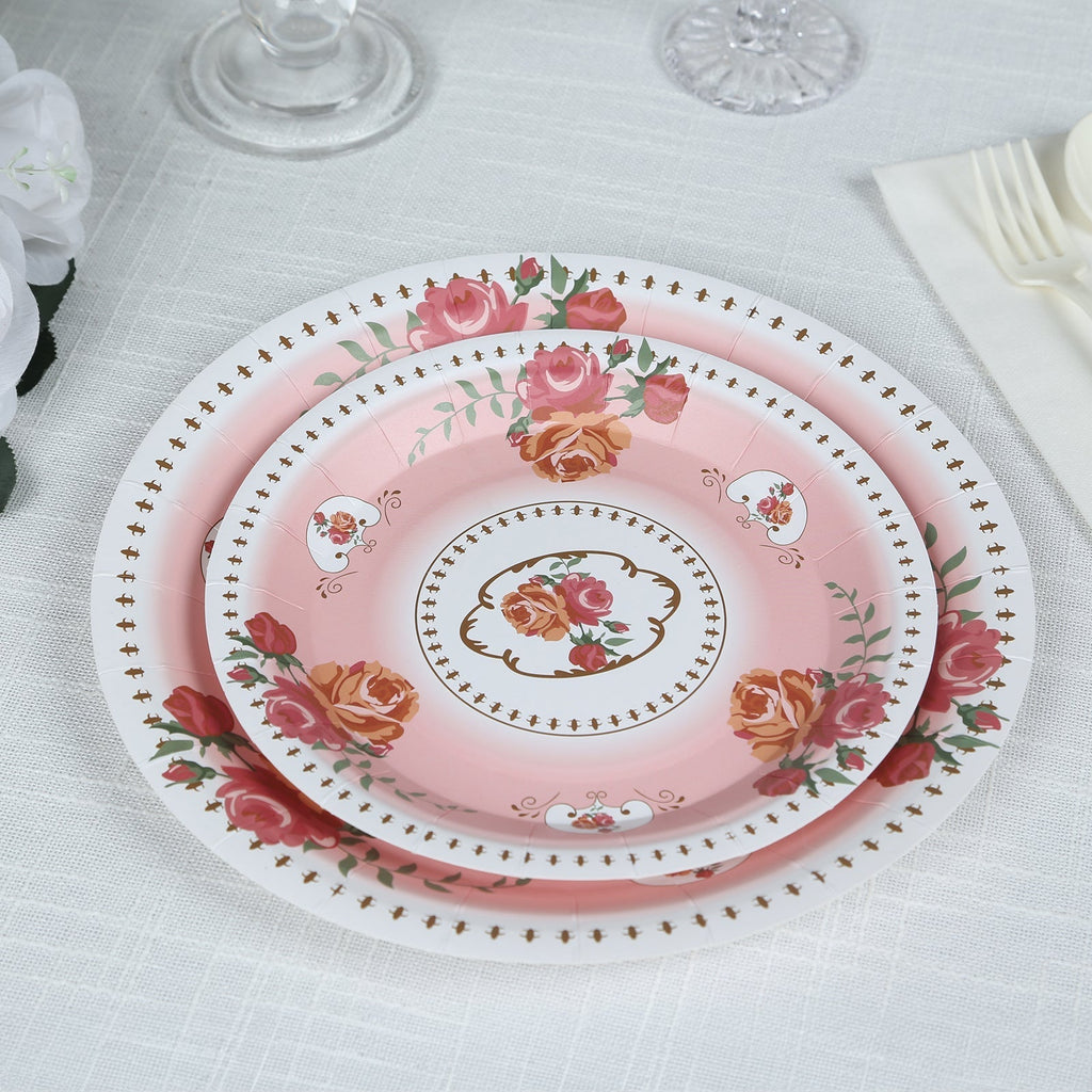 25 - Pack Paper 7" Round Dessert Plates in Dusty Rose with Vintage Rose Flower Print - Disposable Appetizer Salad Plates - Bell Racket Store