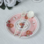 25 - Pack Paper 7" Round Dessert Plates in Dusty Rose with Vintage Rose Flower Print - Disposable Appetizer Salad Plates - Bell Racket Store