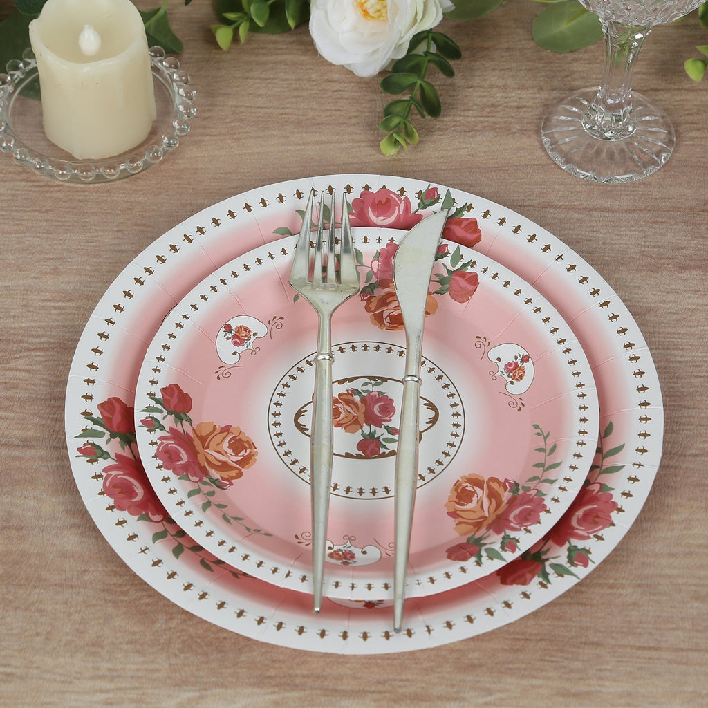 25 - Pack Paper 7" Round Dessert Plates in Dusty Rose with Vintage Rose Flower Print - Disposable Appetizer Salad Plates - Bell Racket Store
