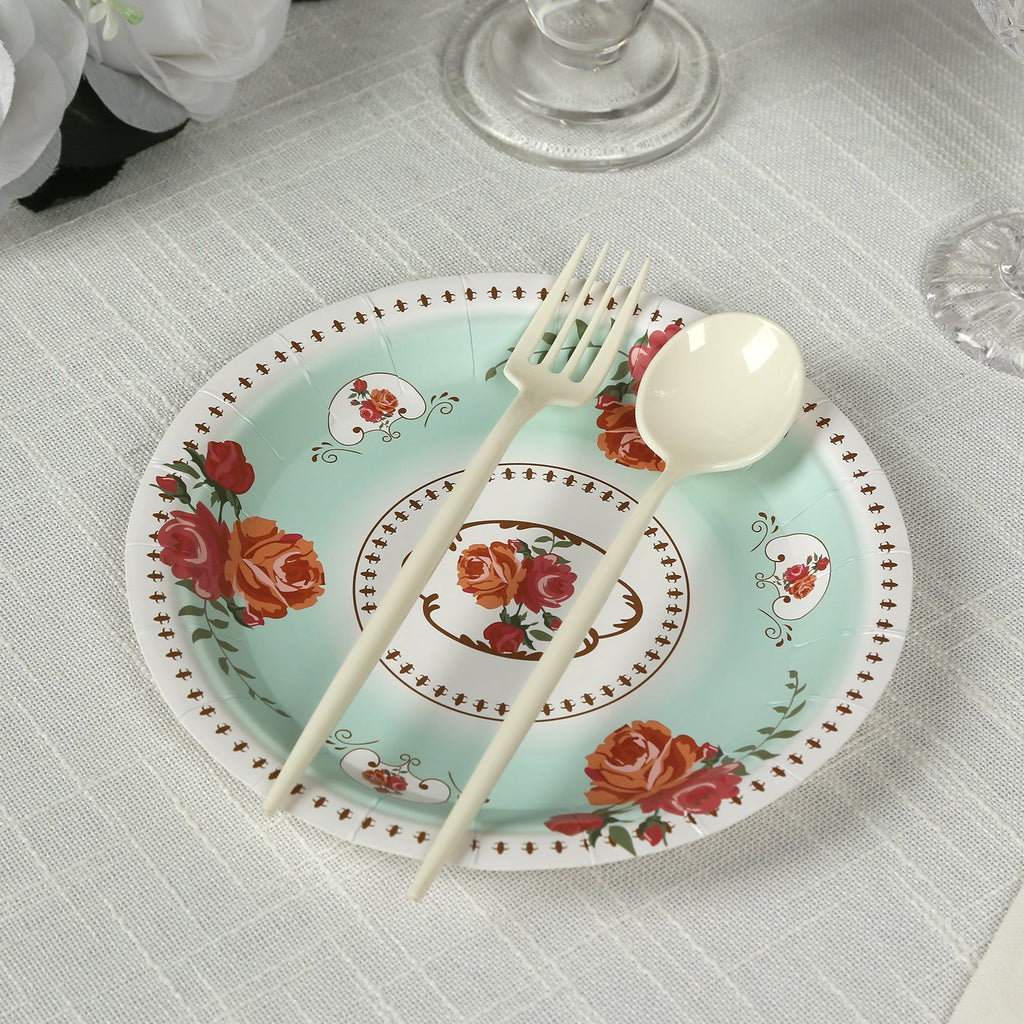 25 - Pack Paper 7" Round Dessert Plates in Light Turquoise with Vintage Rose Flower Print - Disposable Appetizer Salad Plates - Bell Racket Store