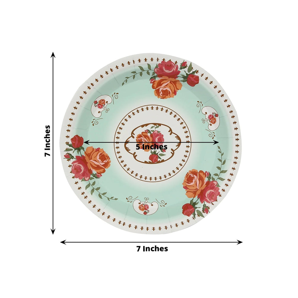 25 - Pack Paper 7" Round Dessert Plates in Light Turquoise with Vintage Rose Flower Print - Disposable Appetizer Salad Plates - Bell Racket Store