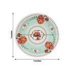 25 - Pack Paper 7" Round Dessert Plates in Light Turquoise with Vintage Rose Flower Print - Disposable Appetizer Salad Plates - Bell Racket Store