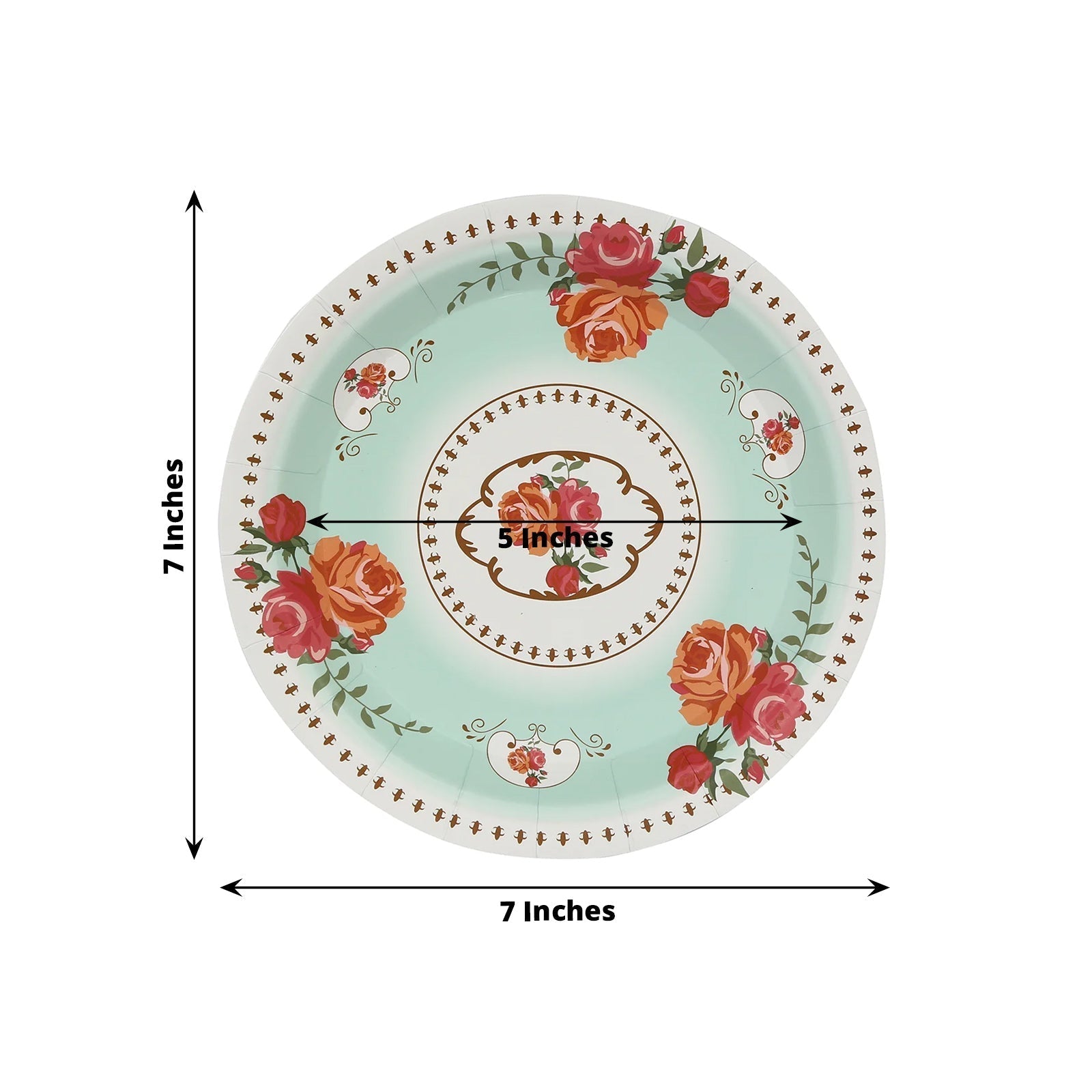 25 - Pack Paper 7" Round Dessert Plates in Light Turquoise with Vintage Rose Flower Print - Disposable Appetizer Salad Plates - Bell Racket Store