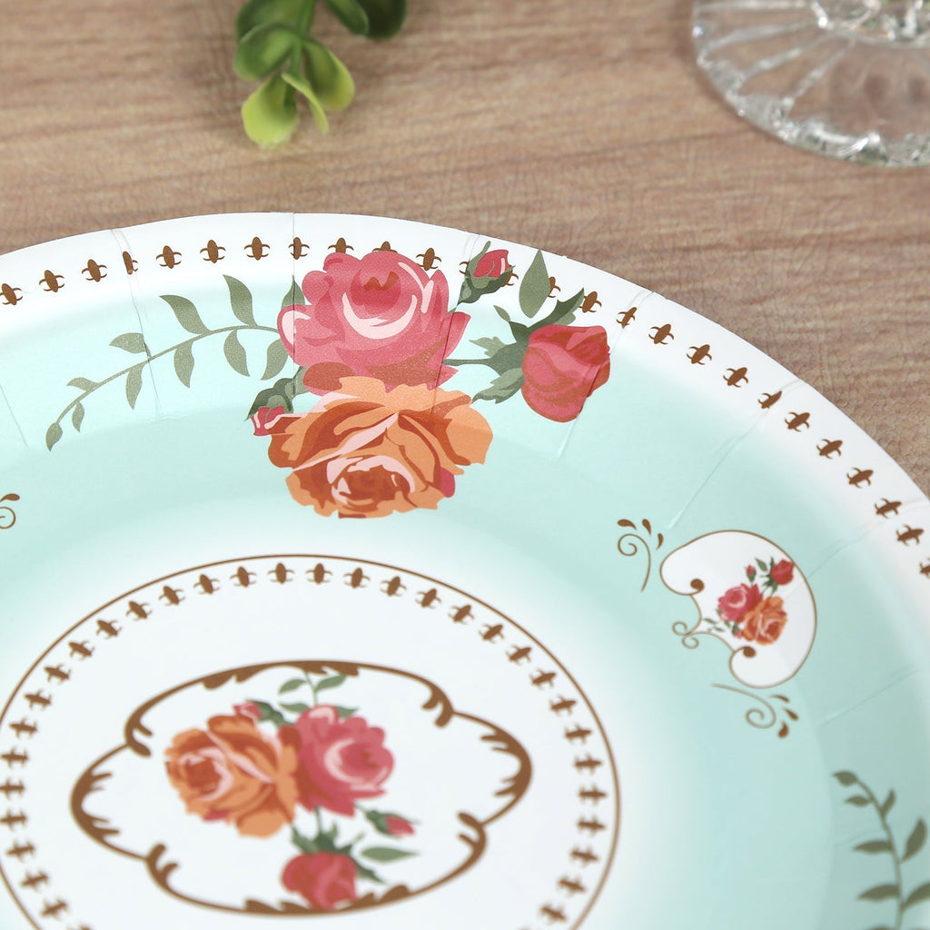 25 - Pack Paper 7" Round Dessert Plates in Light Turquoise with Vintage Rose Flower Print - Disposable Appetizer Salad Plates - Bell Racket Store