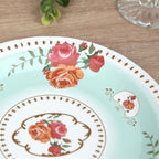 25 - Pack Paper 7" Round Dessert Plates in Light Turquoise with Vintage Rose Flower Print - Disposable Appetizer Salad Plates - Bell Racket Store