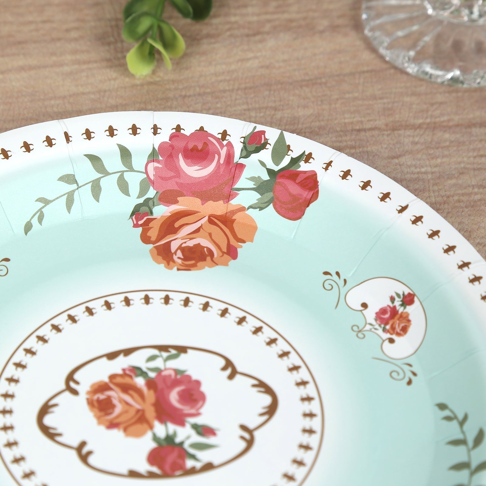 25 - Pack Paper 7" Round Dessert Plates in Light Turquoise with Vintage Rose Flower Print - Disposable Appetizer Salad Plates - Bell Racket Store