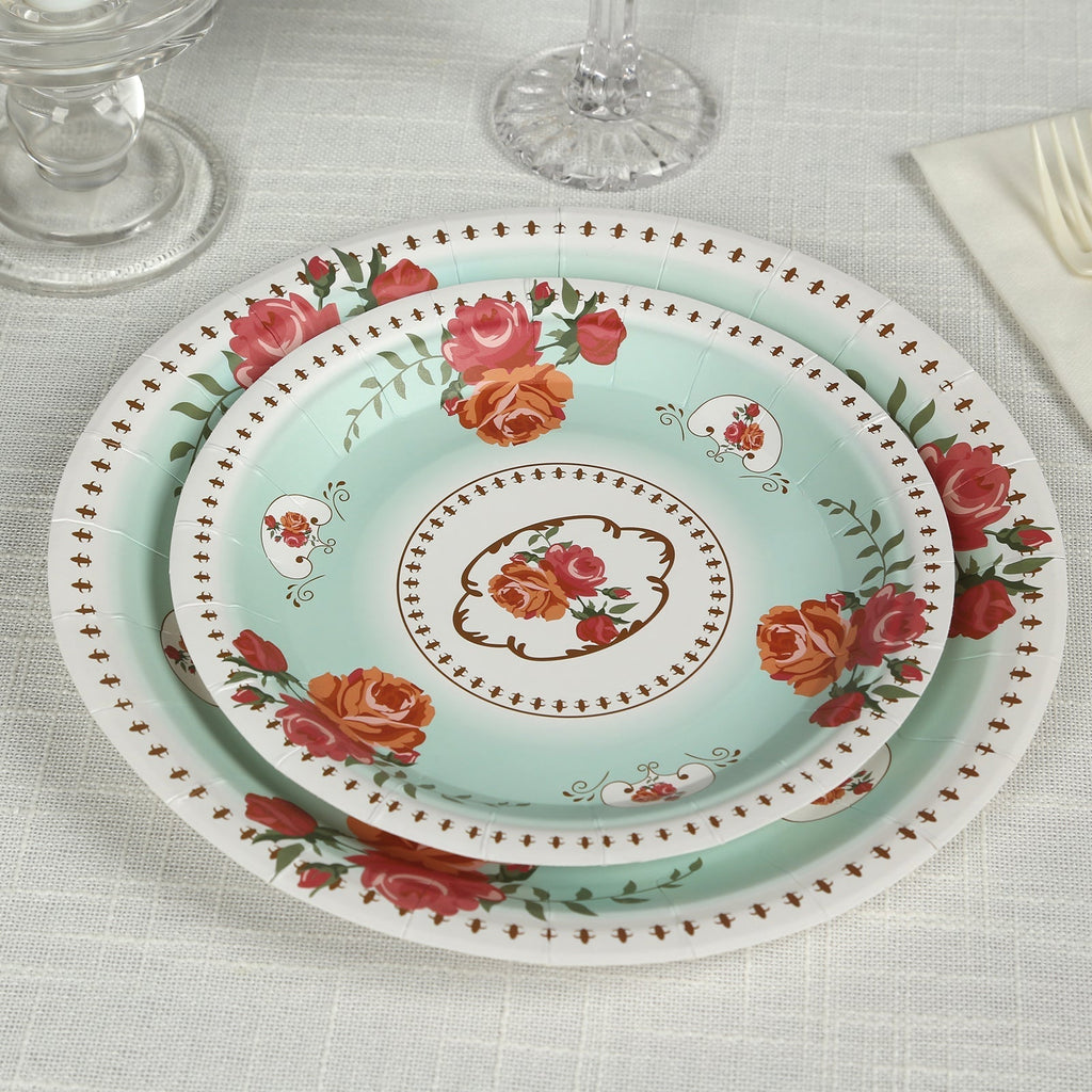 25 - Pack Paper 7" Round Dessert Plates in Light Turquoise with Vintage Rose Flower Print - Disposable Appetizer Salad Plates - Bell Racket Store