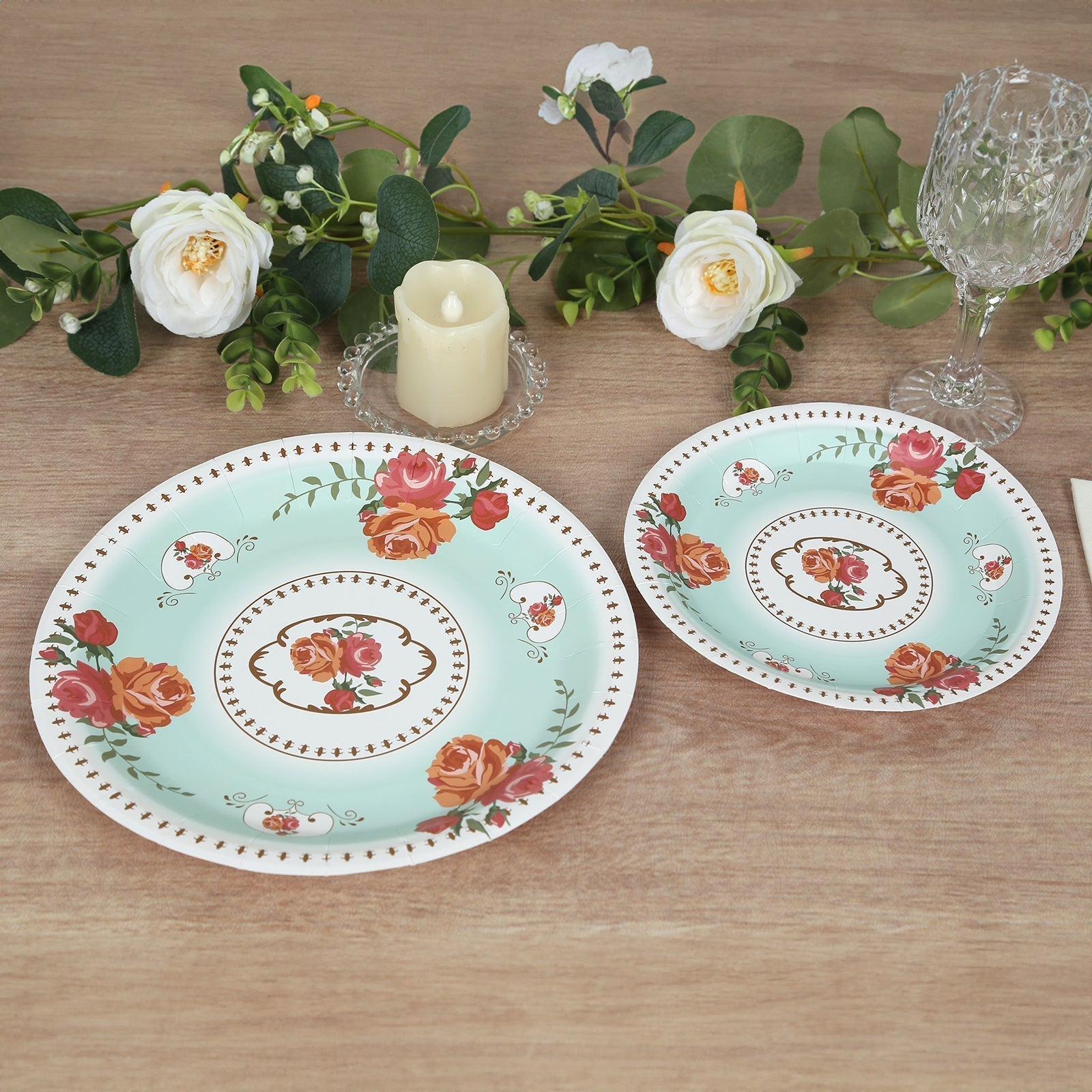 25 - Pack Paper 7" Round Dessert Plates in Light Turquoise with Vintage Rose Flower Print - Disposable Appetizer Salad Plates - Bell Racket Store
