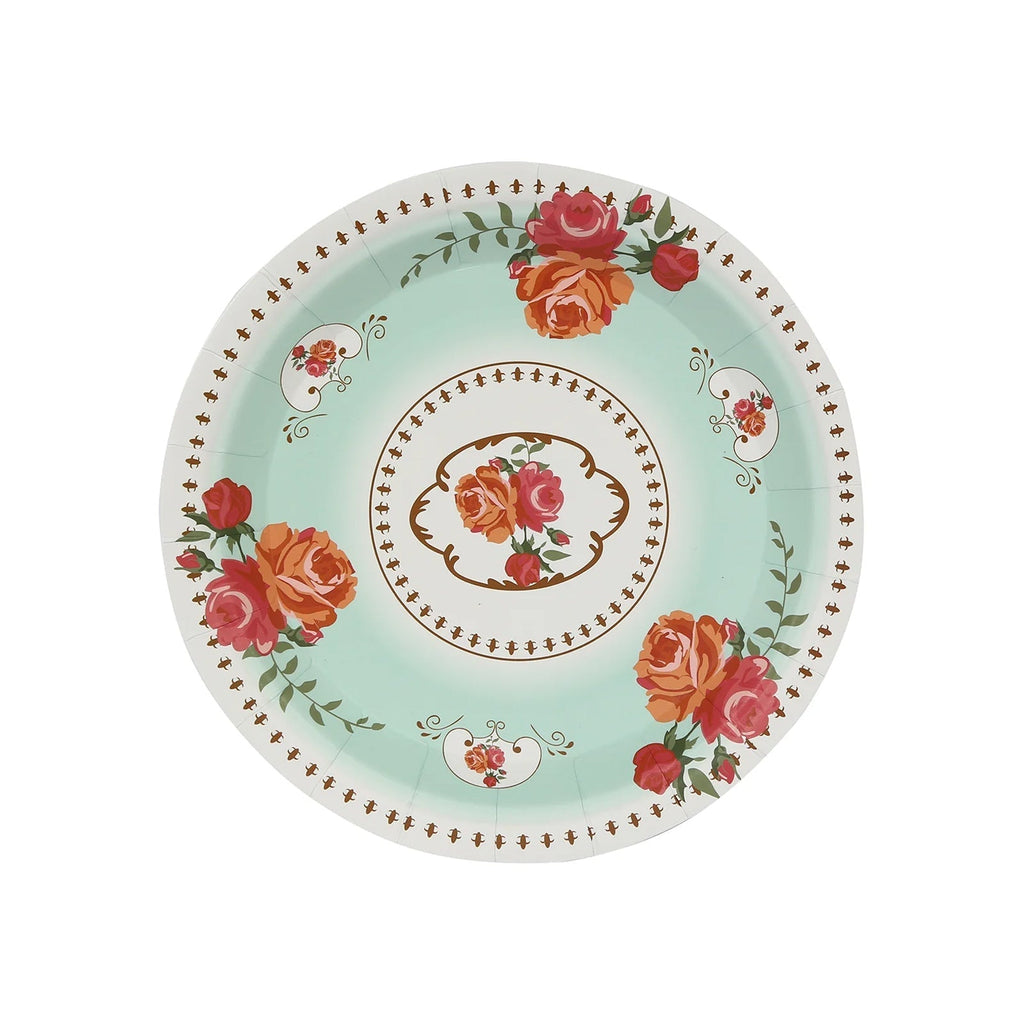 25 - Pack Paper 7" Round Dessert Plates in Light Turquoise with Vintage Rose Flower Print - Disposable Appetizer Salad Plates - Bell Racket Store
