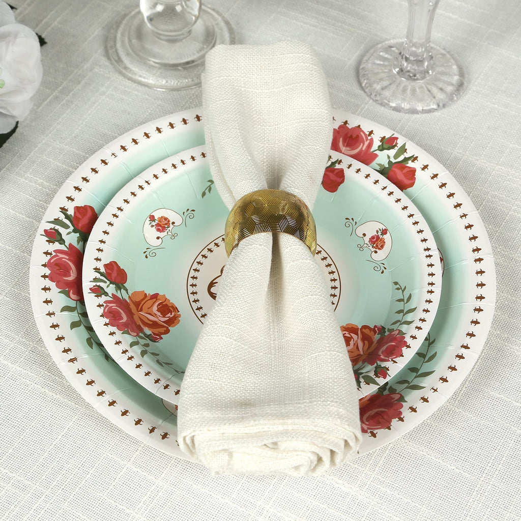 25 - Pack Paper 7" Round Dessert Plates in Light Turquoise with Vintage Rose Flower Print - Disposable Appetizer Salad Plates - Bell Racket Store