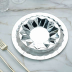 25 - Pack Paper 7" Round Dessert Plates in Metallic Silver with Geometric Prism Rim - Disposable 400GSM Appetizer Salad Plates - Bell Racket Store