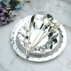 25 - Pack Paper 7" Round Dessert Plates in Metallic Silver with Geometric Prism Rim - Disposable 400GSM Appetizer Salad Plates - Bell Racket Store
