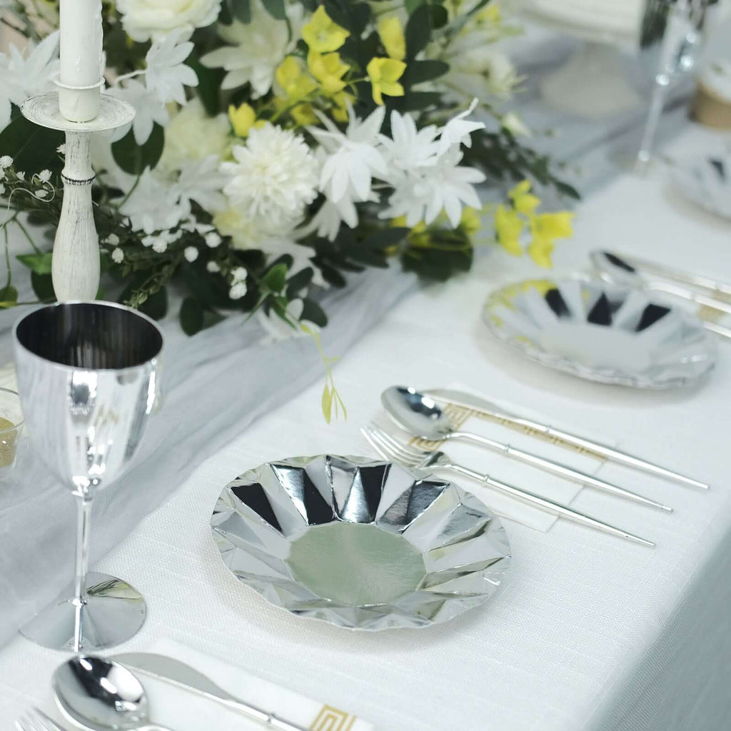 25 - Pack Paper 7" Round Dessert Plates in Metallic Silver with Geometric Prism Rim - Disposable 400GSM Appetizer Salad Plates - Bell Racket Store