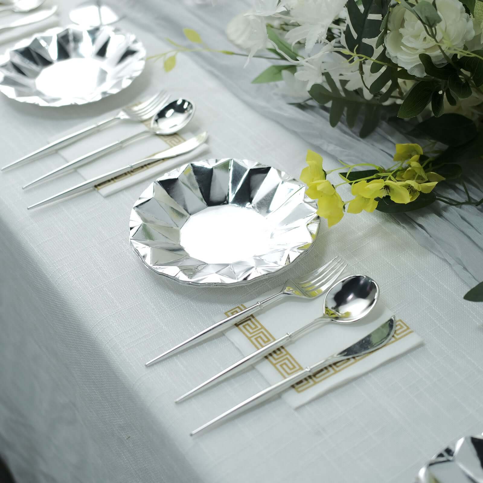 25 - Pack Paper 7" Round Dessert Plates in Metallic Silver with Geometric Prism Rim - Disposable 400GSM Appetizer Salad Plates - Bell Racket Store