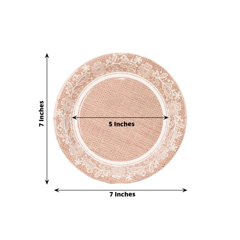 25 - Pack Paper 7" Round Dessert Plates in Natural Burlap Print with Floral Lace Rim - Disposable Rustic Appetizer Salad Plates for Farmhouse Weddings & Celebrations - Bell Racket Store