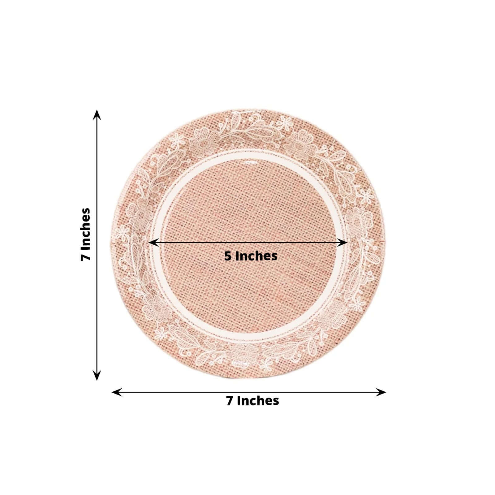 25 - Pack Paper 7" Round Dessert Plates in Natural Burlap Print with Floral Lace Rim - Disposable Rustic Appetizer Salad Plates for Farmhouse Weddings & Celebrations - Bell Racket Store