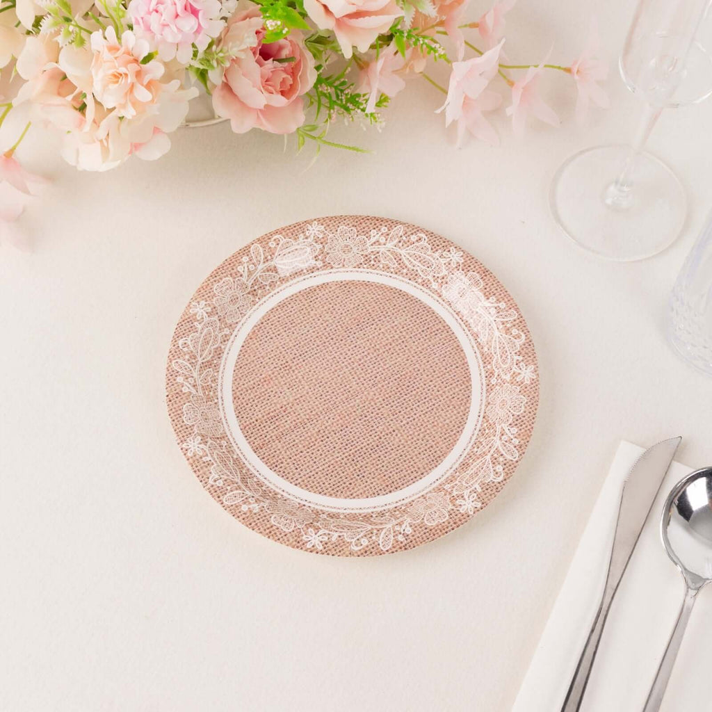 25 - Pack Paper 7" Round Dessert Plates in Natural Burlap Print with Floral Lace Rim - Disposable Rustic Appetizer Salad Plates for Farmhouse Weddings & Celebrations - Bell Racket Store