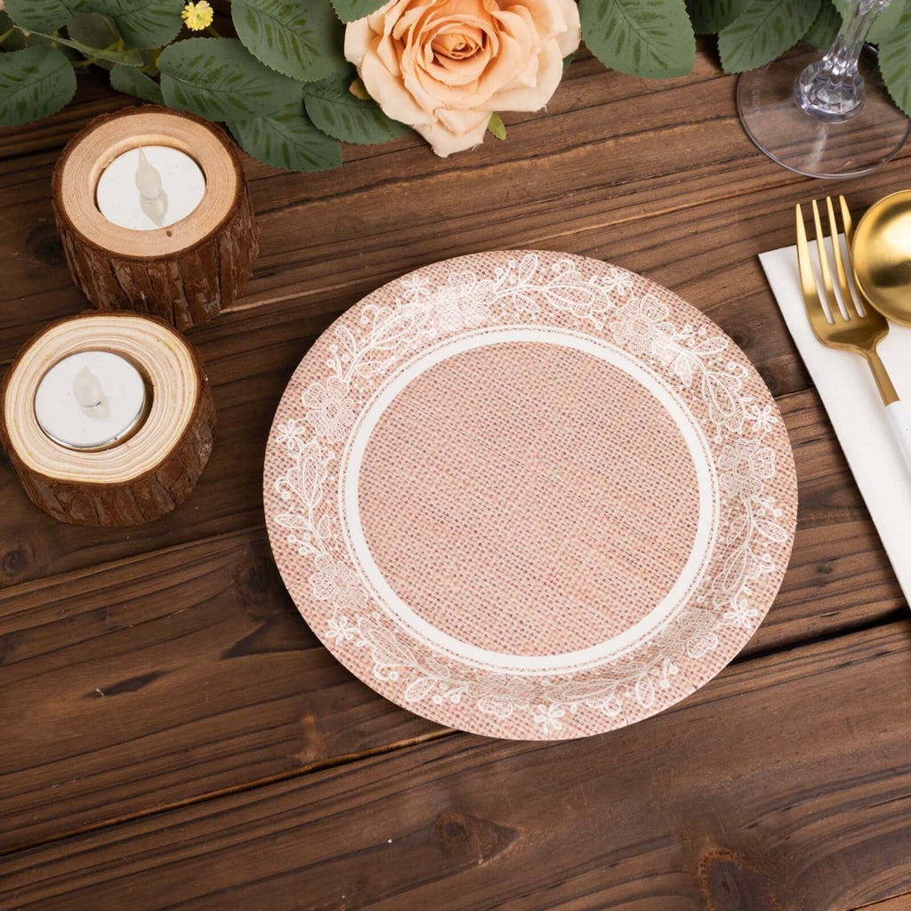 25 - Pack Paper 7" Round Dessert Plates in Natural Burlap Print with Floral Lace Rim - Disposable Rustic Appetizer Salad Plates for Farmhouse Weddings & Celebrations - Bell Racket Store