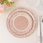 25 - Pack Paper 7" Round Dessert Plates in Natural Burlap Print with Floral Lace Rim - Disposable Rustic Appetizer Salad Plates for Farmhouse Weddings & Celebrations - Bell Racket Store