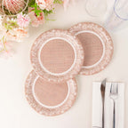 25 - Pack Paper 7" Round Dessert Plates in Natural Burlap Print with Floral Lace Rim - Disposable Rustic Appetizer Salad Plates for Farmhouse Weddings & Celebrations - Bell Racket Store
