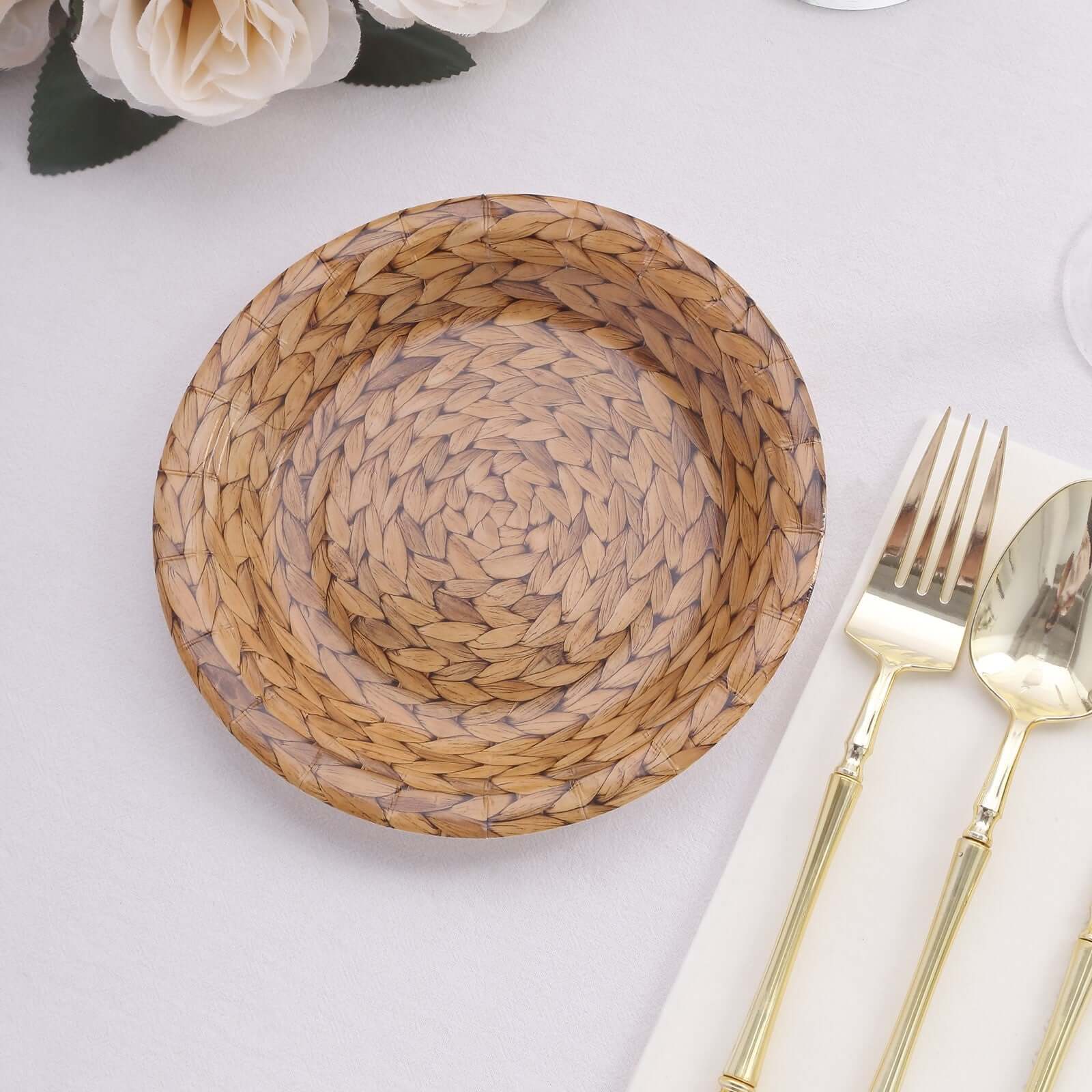 25 - Pack Paper 7" Round Dessert Plates in Natural with Woven Rattan Print - Rustic Farmhouse Disposable 300GSM Appetizer Salad Plates for Indoor & Outdoor Gatherings - Bell Racket Store
