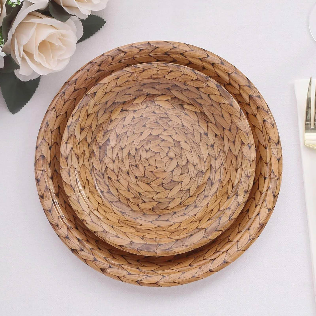 25 - Pack Paper 7" Round Dessert Plates in Natural with Woven Rattan Print - Rustic Farmhouse Disposable 300GSM Appetizer Salad Plates for Indoor & Outdoor Gatherings - Bell Racket Store