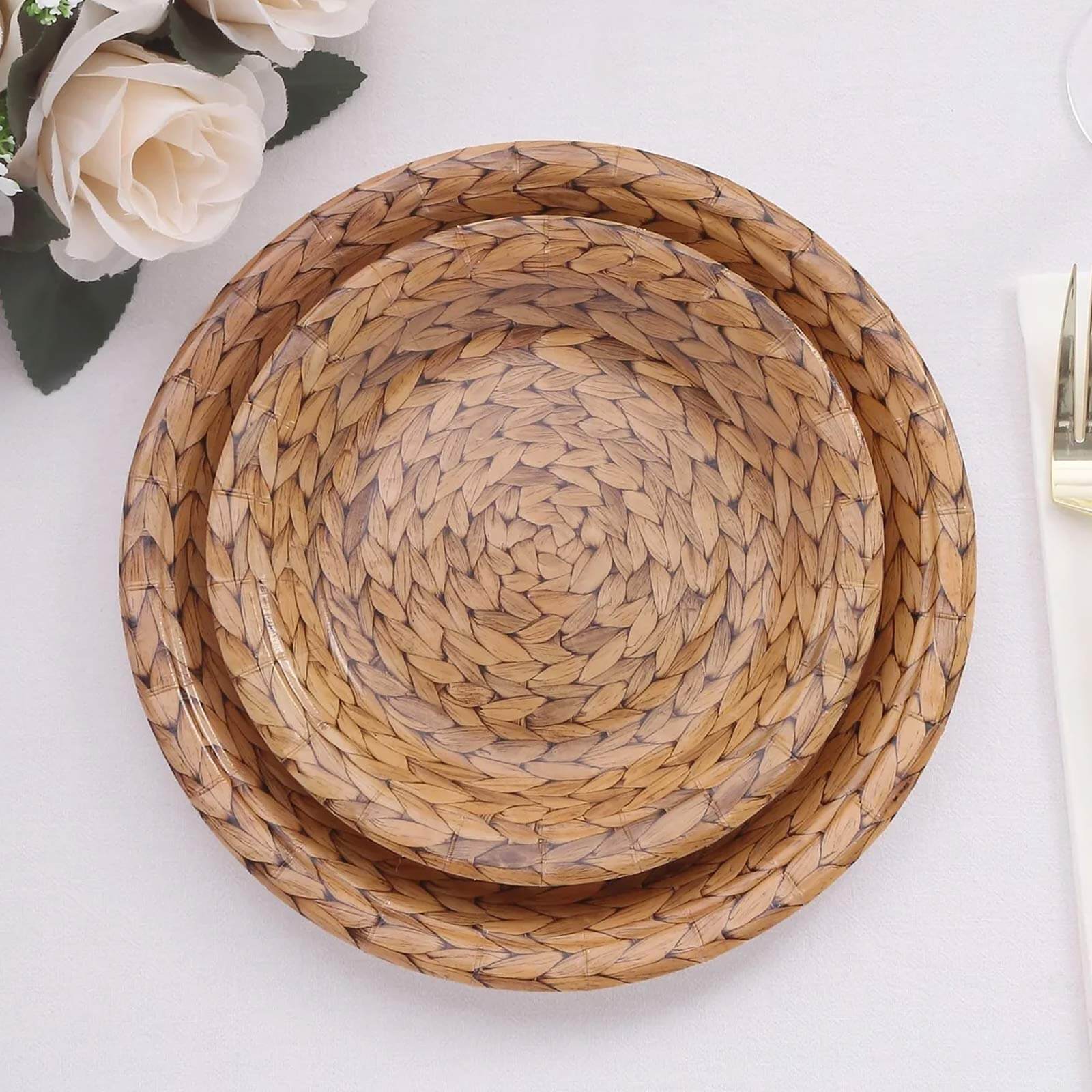 25 - Pack Paper 7" Round Dessert Plates in Natural with Woven Rattan Print - Rustic Farmhouse Disposable 300GSM Appetizer Salad Plates for Indoor & Outdoor Gatherings - Bell Racket Store