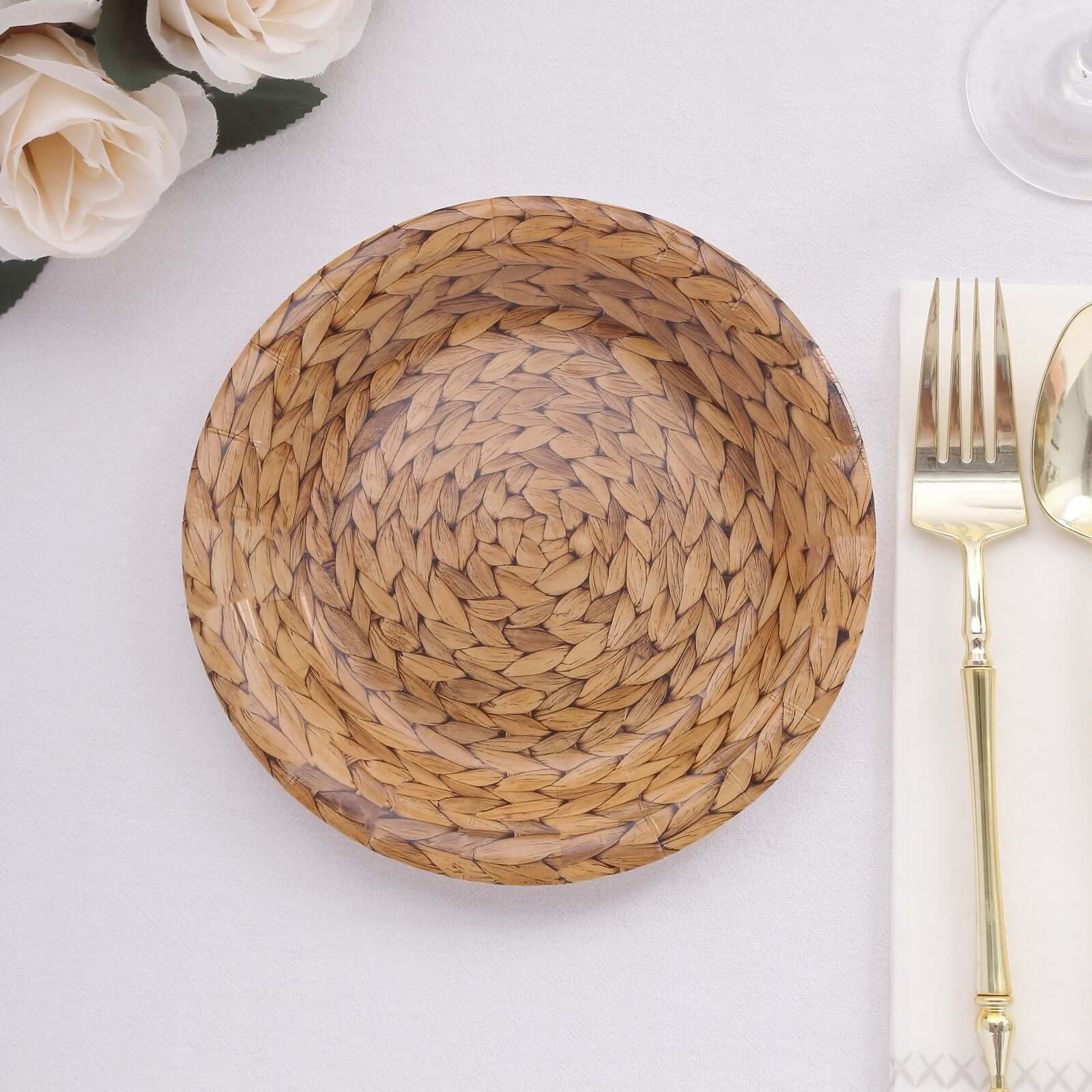 25 - Pack Paper 7" Round Dessert Plates in Natural with Woven Rattan Print - Rustic Farmhouse Disposable 300GSM Appetizer Salad Plates for Indoor & Outdoor Gatherings - Bell Racket Store
