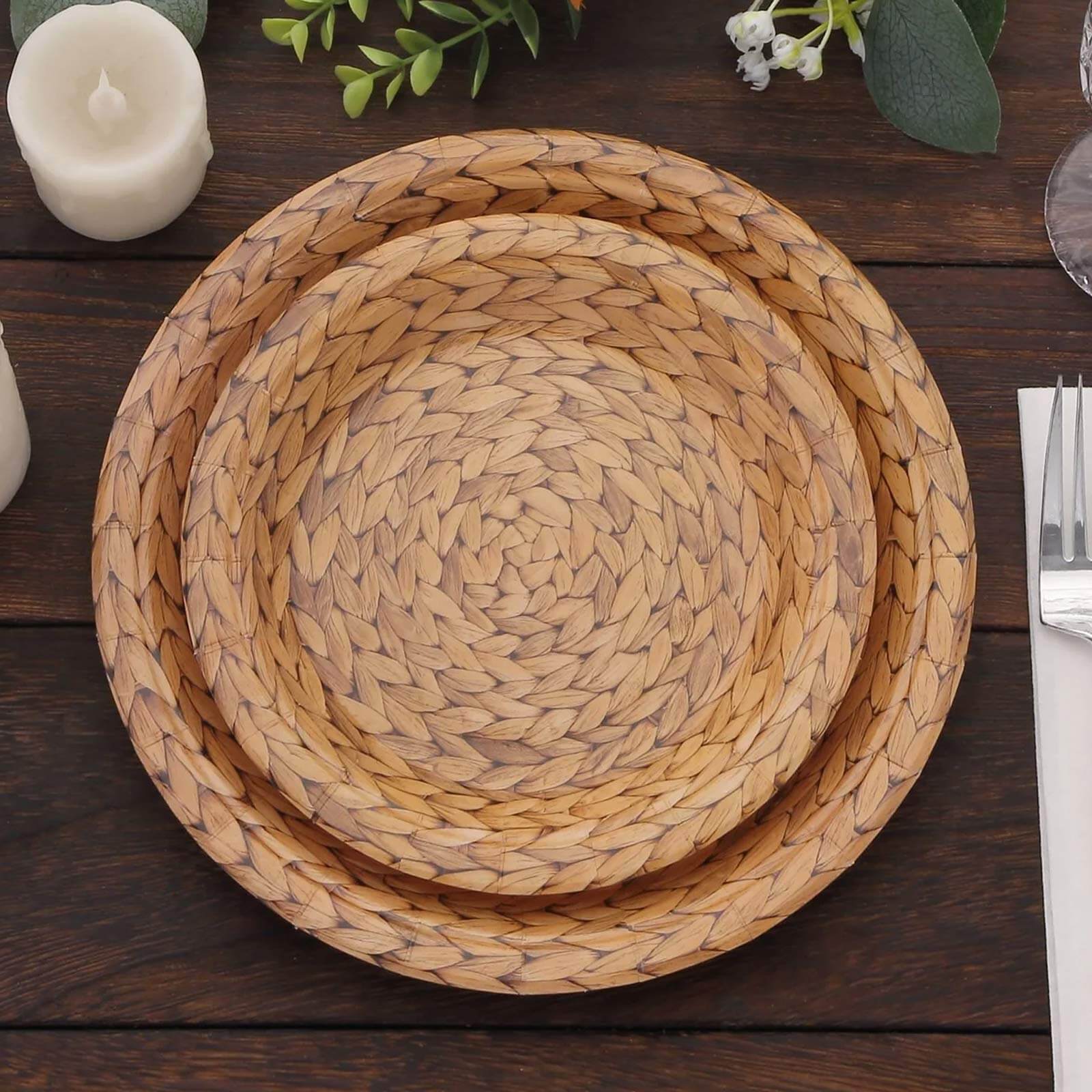 25 - Pack Paper 7" Round Dessert Plates in Natural with Woven Rattan Print - Rustic Farmhouse Disposable 300GSM Appetizer Salad Plates for Indoor & Outdoor Gatherings - Bell Racket Store
